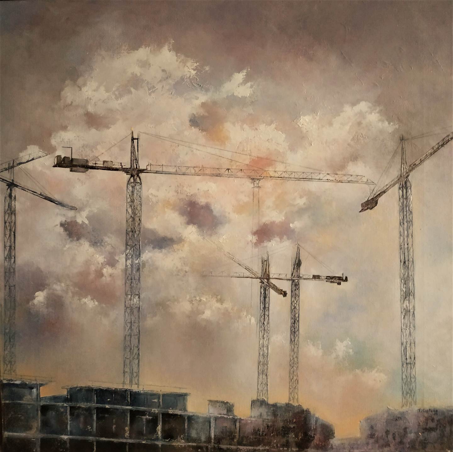 Nubes y grúas, original   Painting by TOMAS CASTAÑO