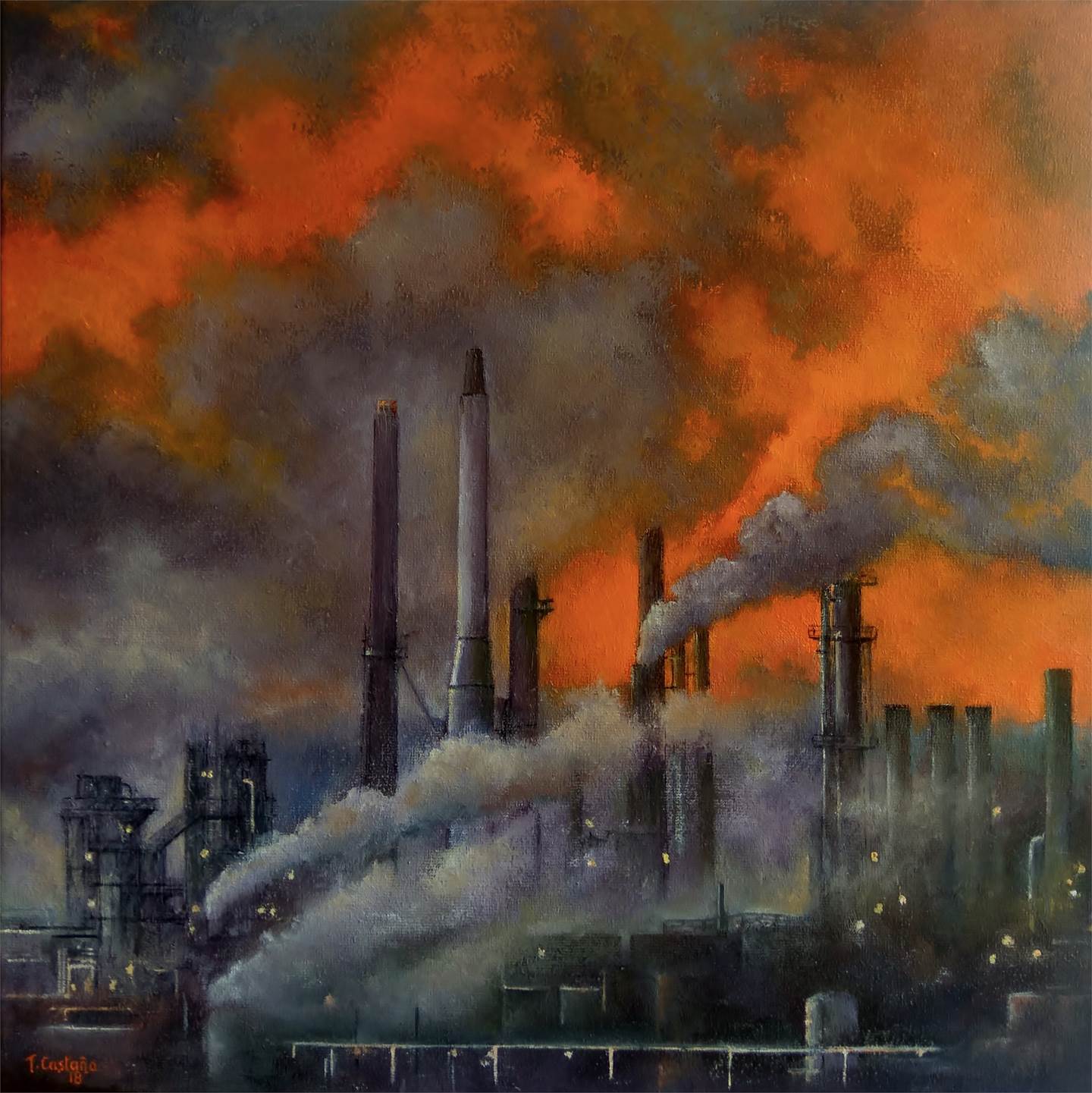 Polución a la puesta de sol, original   Painting by TOMAS CASTAÑO