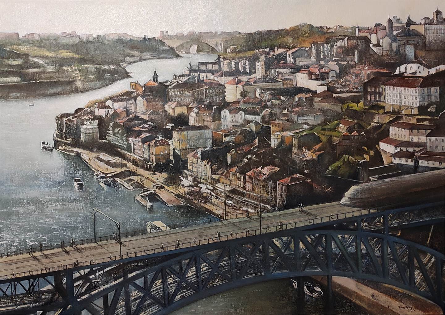 Panorámica aérea de Oporto, original Paysage Pétrole La peinture par TOMAS CASTAÑO