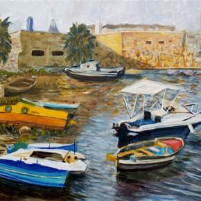Boats haven, original Landscape Oil Painting by Elena Sokolova