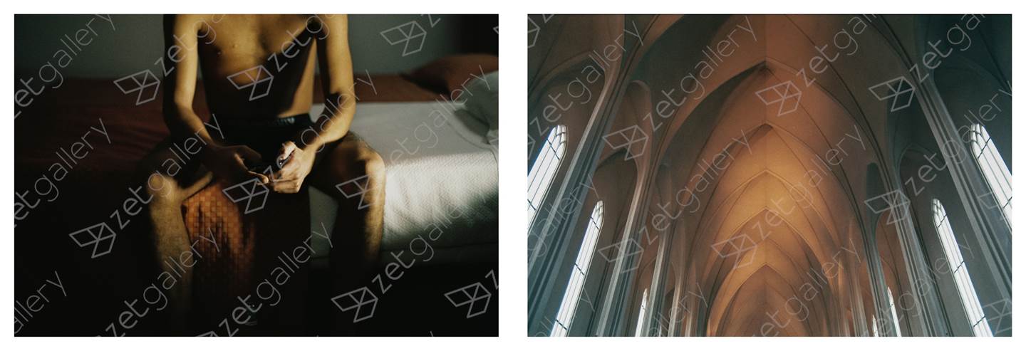 Adolfo ao telemóvel, Outubro 2017; Tecto de uma igreja, Maio 2017 , original Cuerpo Cosa análoga Fotografía de Miguel De